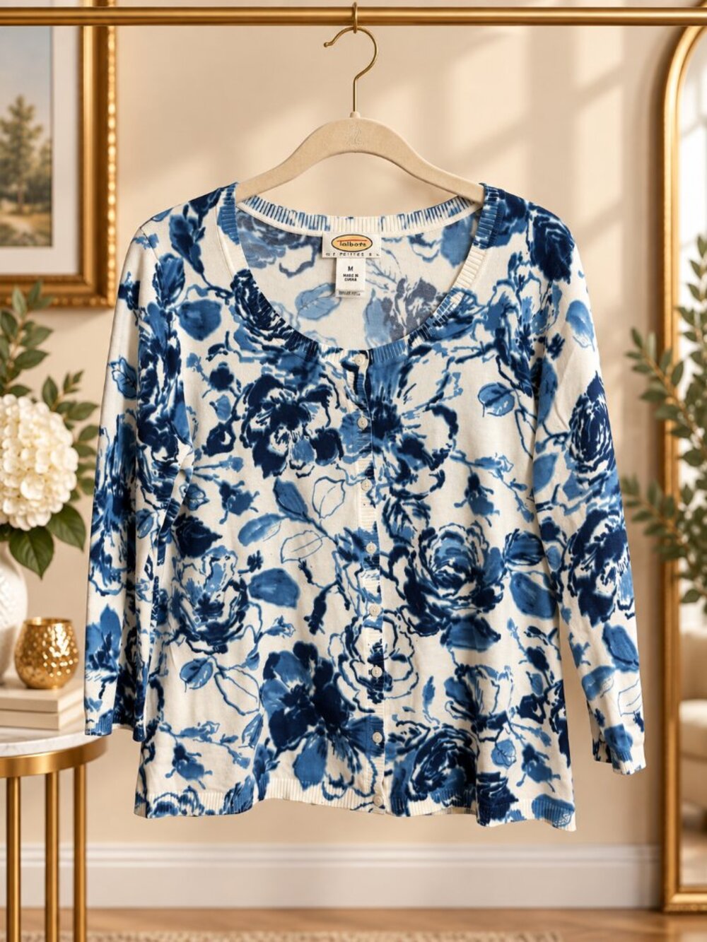 Talbots Petites Blue Floral Pima Cotton Cardigan Sweater MP 3/4 Sleeve
